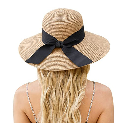 Beach Hat for Women, Wide Brim Sun Straw, UPF 50+ Foldable Floppy Sun Hat - color: A-khaki