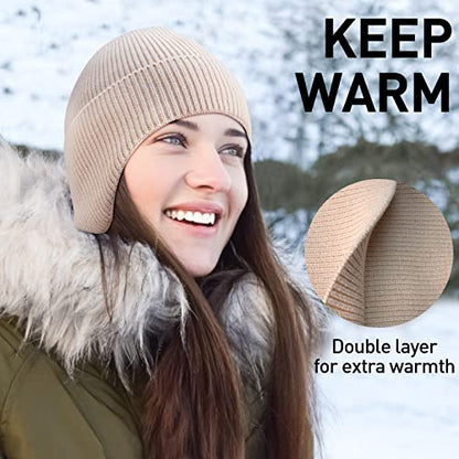 Arcweg Beanie with Earflap for Men Women Winter Warm Thermal Hats Stocking Cap Toboggan Outdoor Hat - color: Beige