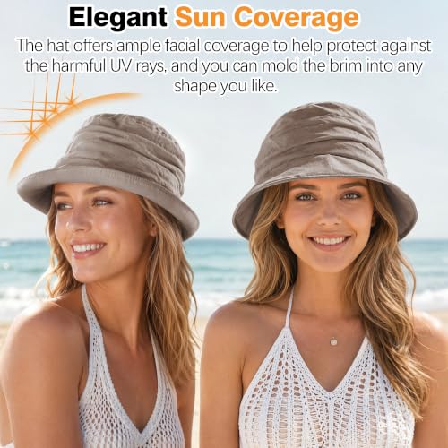 Linen Blend Ruched Bucket Hat Ultra-Light Breathable Sun Hat - color: Oatmeal