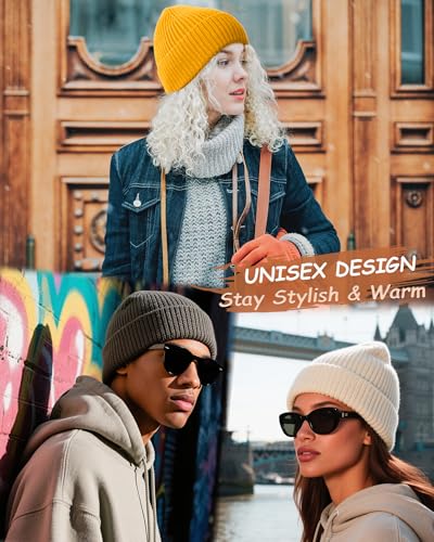 Wool Beanie for Men Women, Seamless Knit Cuffed Warm Winter Hats - color: 1pcs-yellow