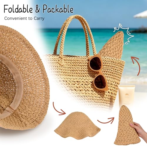 Sun Hat for Women Summer Straw Beach Hats Bucket Hat Floppy Crochet Hat - color: Khaki