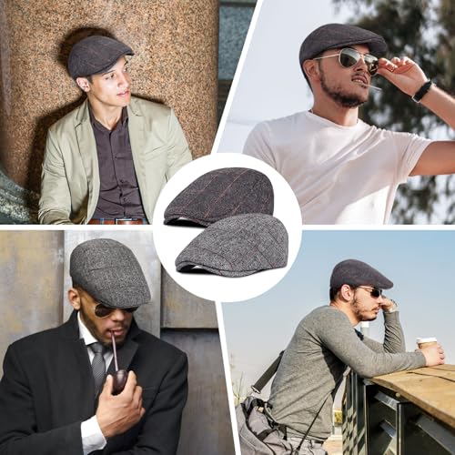 Senker Fashion 2 Pack Newsboy Cap for Men, Wool Blend Tweed Flat Cap - color: Black Grey