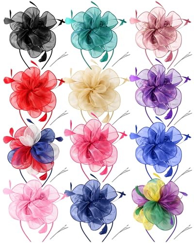 Hoteam 12 Pcs Fascinators Hats Tea Party Derby Headwear for Women - style: Organza Flower Headdress