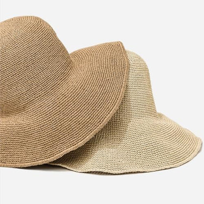 Women Straw Sun Hat Summer Beach Hats Foldable Floppy Cap Wide Brim Bucket Hat Solid Handmade Sun Protection Caps - color: Coffee
