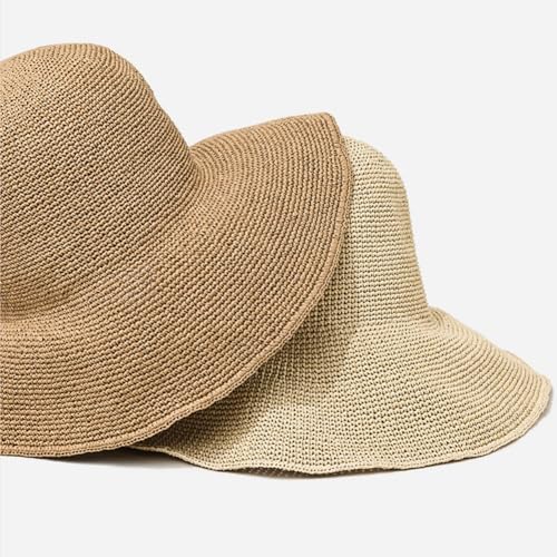 Women Straw Sun Hat Summer Beach Hats Foldable Floppy Cap Wide Brim Bucket Hat Solid Handmade Sun Protection Caps - color: Coffee