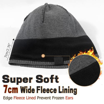 Fleece Lined Mens Beanie Scarf Set Thick Knit Winter Hat Neck Warmer Unisex - color: Grey