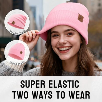 OZERO Beanie for Men and Women, Double-Layer Cuffed Knit Winter Hat - color: Pink