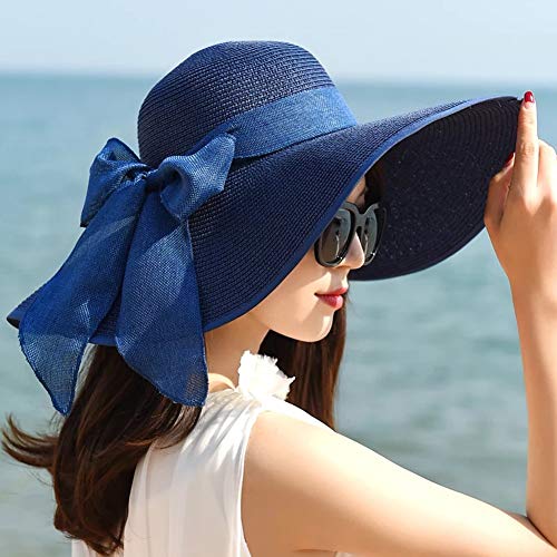 FSIGOM Women's Folable Floppy Hat,Wide Brim Sun Protection Straw Hat, Summer UV Protection Beach Cap - color: Navy, size: Large
