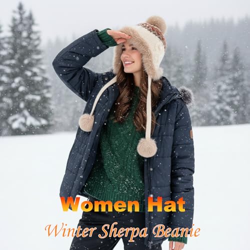 Women Winter Sherpa Beanie Hats Knit Ear Flap Hat Fleece Lined - color: Patterned Beige