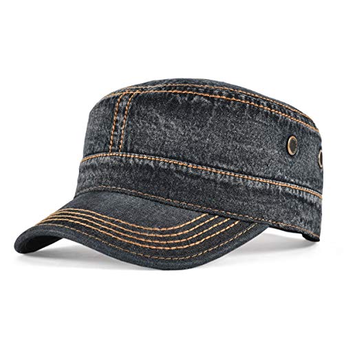 VOBOOM Men Washed Cotton Cadet Army Cap Vintage Flat Hat - color: Denim Black
