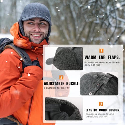 TOP-EX Oversized XL/XXL Unisex Wool Blend Winter Trapper Hat Baseball Cap Fleece Earflaps Fleece Lined - color: Grey(fleece), size: X-Large
