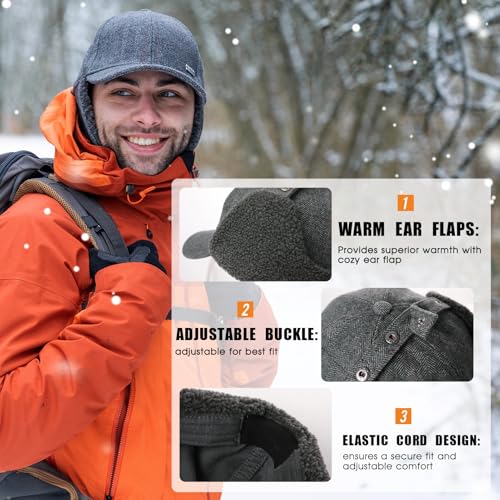 TOP-EX Oversized XL/XXL Unisex Wool Blend Winter Trapper Hat Baseball Cap Fleece Earflaps Fleece Lined - color: Grey(fleece), size: Medium