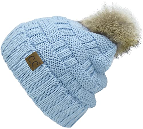 C.C Knit Beanie Hat – Fuzzy Fleece Lined Warm Winter Hat, Faux Fur Pom Soft Stretchy Slouchy Knit Cap, Cold Weather Beanie - color: Sky Blue