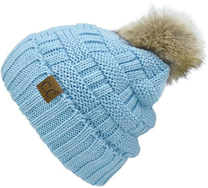 C.C Knit Beanie Hat – Fuzzy Fleece Lined Warm Winter Hat, Faux Fur Pom Soft Stretchy Slouchy Knit Cap, Cold Weather Beanie - color: Sky Blue