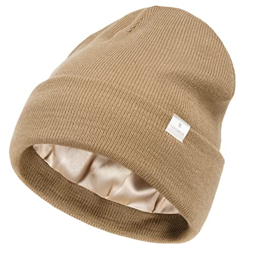 YANIBEST Satin Lined Beanie for Women, Reduce Frizz Winter Hats - color: Khaki