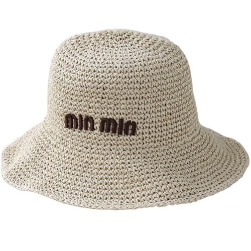Women Straw Sun Hat Summer Beach Hats Foldable Floppy Cap Wide Brim Bucket Hat Solid Handmade Sun Protection Caps - color: Min-beige