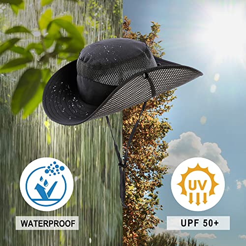 Mens Sun Hat Wide Brim Breathable Mesh UPF 50+ Waterproof Fishing Hat Safari Hat Foldable Boonie Cap - color: Black