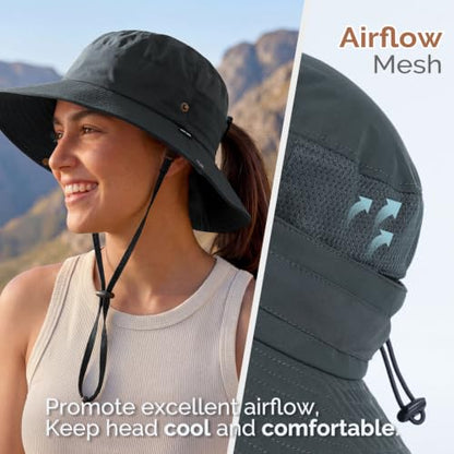 2-in-1 Womens Bucket Sun Hats, Sun Visor Hat, UPF 50+ Wide Brim, Ponytail-Friendly, Packable, Hiking Outdoor - color: Dark Grey