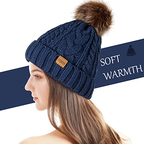 REDESS Women Winter Pompom Beanie Hat with Warm Fleece Lined Thick Slouchy Snow Knit Hat Skull Ski Cap - color: Dark Denim