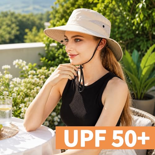 NPJY Ponytail Sun Hats for Women Men Wide Brim UPF Fishing Bucket Hat - color: Beige (Ponytail Hole)