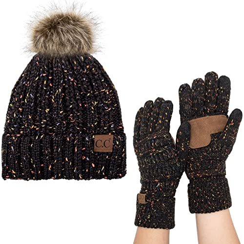 C.C Pom Cable Knit Beanie and Glove Set - color: Confetti Black