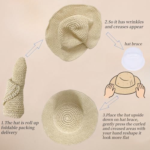 Floppy Big Beach Straw Hats for Women Foldable Summer Wide Brim Packable Sun Hat Womens Travel Straw Fedora Hat - color: Beige-4