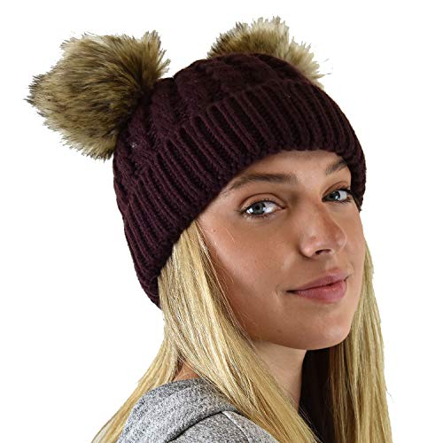 C.C 2 Ear Pom Pom Cable Knit Soft Stretch Cuff Skully Beanie Hat - color: Faux Fur Berry