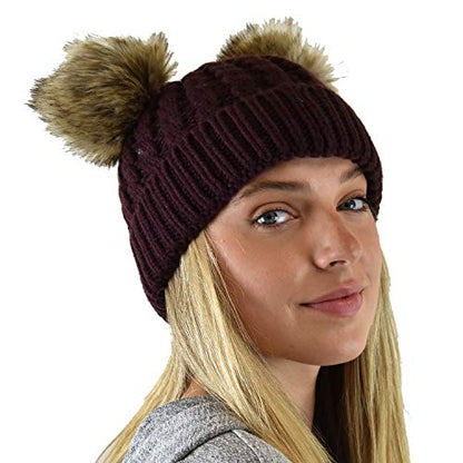 C.C 2 Ear Pom Pom Cable Knit Soft Stretch Cuff Skully Beanie Hat - color: Faux Fur Berry