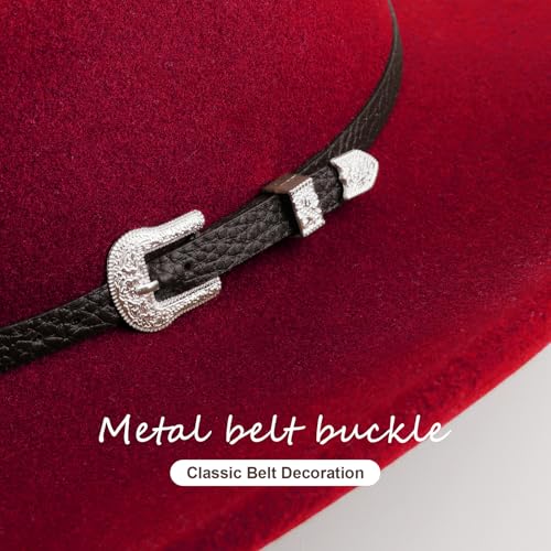 AQOKKA Western Cowboy Hats for Women Classic Felt Wide Brim Fedora Hat with Belt Buckle Retro Panama Hat Unisex Rolled up Cap - color: 1 Pc Fedora Hat : Red