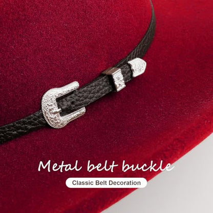 AQOKKA Western Cowboy Hats for Women Classic Felt Wide Brim Fedora Hat with Belt Buckle Retro Panama Hat Unisex Rolled up Cap - color: 1 Pc Fedora Hat : Red