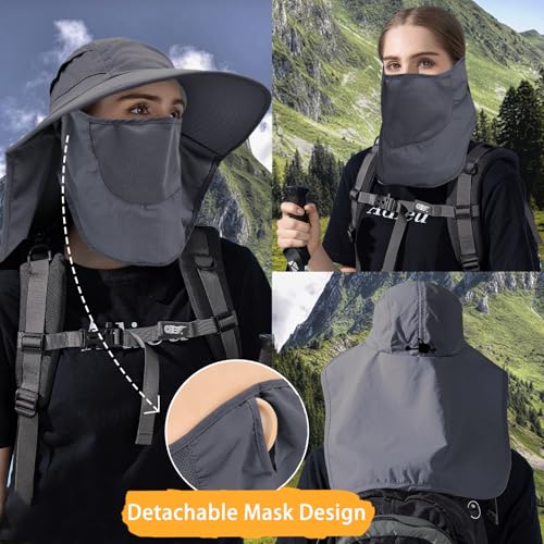 Sun Hats for Men Women Detachable Face Cover Wide Brim Fishing Hats with Neck Flap UPF 50+ Outdoor Safari Hats - color: Dark Grey