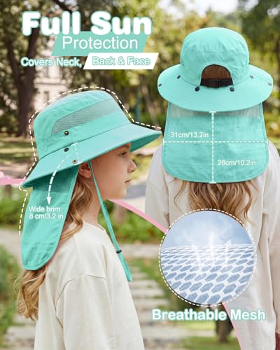 Century Star Kids Sun Hat with Ponytail Hole & Detachable Neck Flap UPF50+ Quick Dry Girls Bucket Hat for Outdoor Beach - color: Lake Blue