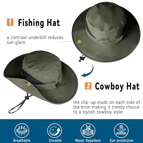 ZOORON Sun Hats for Men Women, Wide Brim Safari Hats UV Protection UPF50+ Waterproof Boonie Hats for Fishing Hiking Camping - color: 1pack-army Green