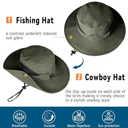 ZOORON Sun Hats for Men Women, Wide Brim Safari Hats UV Protection UPF50+ Waterproof Boonie Hats for Fishing Hiking Camping - color: 1pack-army Green