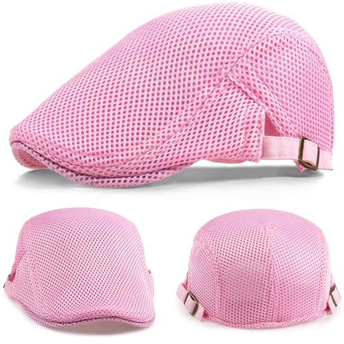 2 Pack Men's Mesh Cap Breathable Summer Newsboy Hat Adjustable Beret Ivy Cap Irish Cabbie Driving Hunting Hats - color: Black/Pink