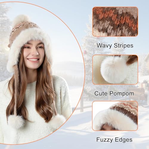 Women Winter Sherpa Beanie Hats Knit Ear Flap Hat Fleece Lined - color: Patterned Khaki