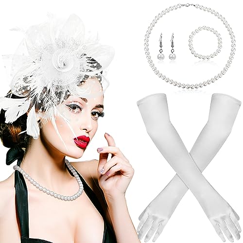 Yaomiao 5 Pcs 1920s Tea Party Accessories Fascinator Hat Gloves - color: White