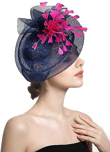 ORIDOOR Women Fascinators Derby Church Tea Party Wedding Flower Feathers Headpiece with Headband Clips - color: 03-navy Blue + Rose