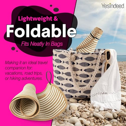 Women’s Sun Visor - UPF 50+ Protection, Wide Brim, Adjustable, Ponytail-Friendly, Packable - Ideal for Travel & Beach - color: Straw Stripes