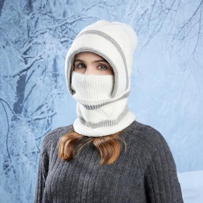 HUAMULAN Women Winter Knit Beanie Hats One Piece Fleece Lined Balaclavas - color: Cream White + Gray Stripe