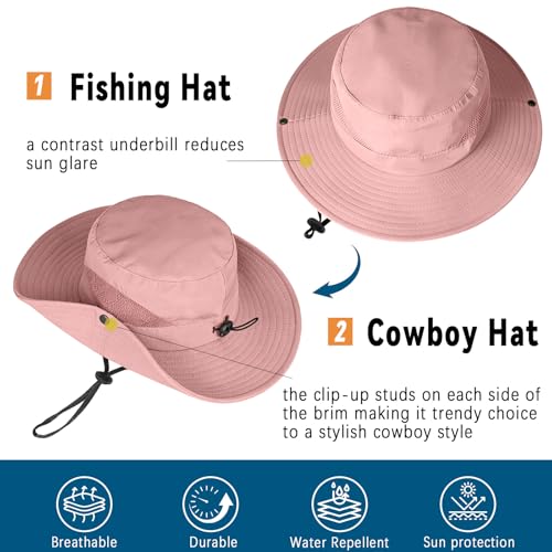 ZOORON Sun Hats for Men Women, Wide Brim Safari Hats UV Protection UPF50+ Waterproof Boonie Hats for Fishing Hiking Camping - color: With One Pair Cooling Sleeves-1pack-pink