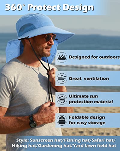 Tirrinia Wide Brim Sun Hat with Neck Flap for Men & Women - color: #Blue