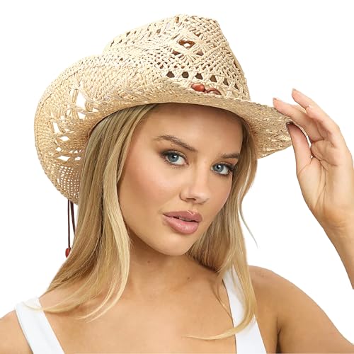AQOKKA Straw Cowboy Hats for Women Men Western Cowgirl Hats with Shapeable Brim Woven Hollow Out Unisex Beach Roll Up Caps - color: Brown Beads Cowboy Hat : Beige