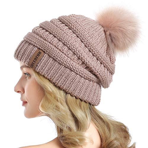 Women Knit Slouchy Beanie Chunky Baggy Hat with Faux Fur Pompom Winter Soft Warm Ski Cap - color: C4-rose Pink