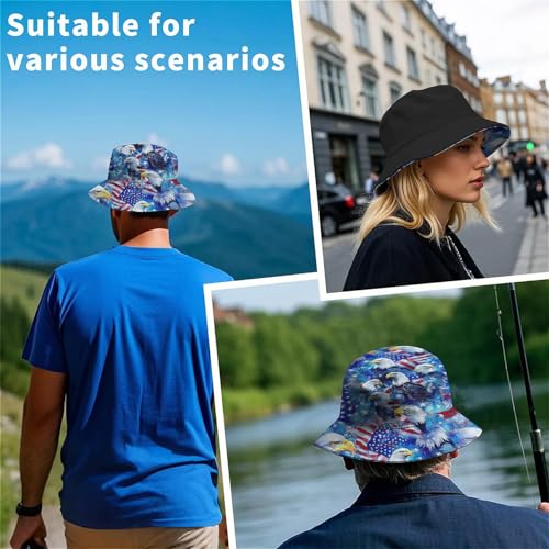 Amasnay Neon Bucket Hat Cotton Double-Side-Wear Reversible Sun Hat for Women Men, Summer Vacation Travel Beach Fisherman Hat - color: American Flag Eagle