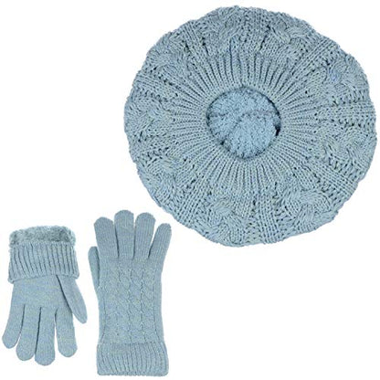 BYOS Womens Winter Cozy Cable Fleece Lined Knit Beret Beanie Hat (Set Available) - color: Pastel Blue Cable Hat Gloves Set