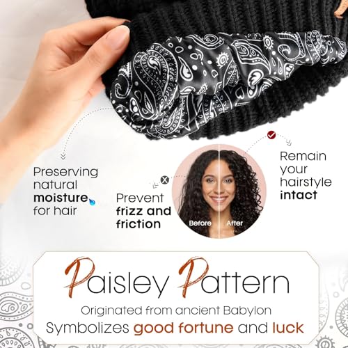 FURTALK Winter Beanie Hat for Women Satin Lined Cable Knit Chunky Slouchy Beanies Skull Warm Cap - color: Black
