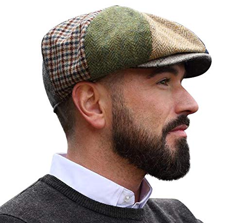 Hanna Hats Traditional Irish Tweed Eight Piece Cap. Unisex Newsboy Cap. Button Crown & Taffeta Lining. 100% Made in Ireland. - color: Patchwork Tweed, size: X-Large