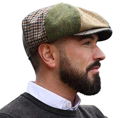 Hanna Hats Traditional Irish Tweed Eight Piece Cap. Unisex Newsboy Cap. Button Crown & Taffeta Lining. 100% Made in Ireland. - color: Patchwork Tweed, size: X-Large
