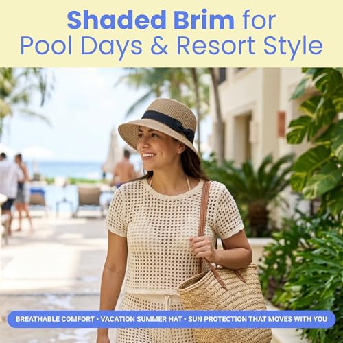 Funky Junque Foldable Wide Brim Straw Sun Hat, Packable Beach Cap - color: Brown Mix